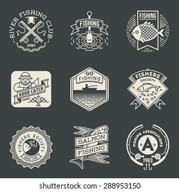 Fishing Assorted Retro Design Insignias Logotypes Set . Vector Elements Illustrations.