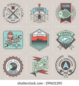 Fishing Assorted Retro Design Insignias Color Logotypes Set . Vector Elements Illustrations.