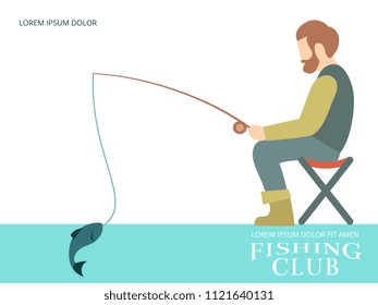 Fishing background banner design with fisherman, fish and equipment. Vector illustration