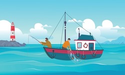 Fishing Background. Fisherman With Rods Standing On Boat In Ocean Vector Happy Sailors Outdoor Cartoon Template