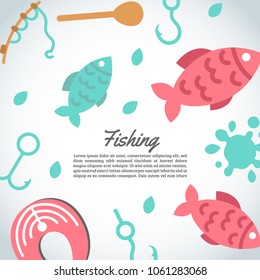 Fishing background. Fishing text. Background with quote about fishing. Flat fish icons, with net or rod. Salmon steak and boat, fisher tackles, baits