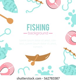Fishing background. Vector paddles illustration. Hooks for fish. Salmon steak. Fishing rod in cartoon style. Flat argiculture collection.