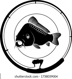 fishing badge with carp fish and fishing rod