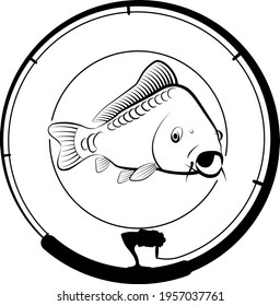 fishing badge with carp fish and fishing rod