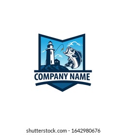 fishing badge logo with lighthouse and fish elements.