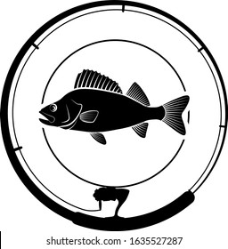 Fishing Badge With Perch Fish And Fishing Rod