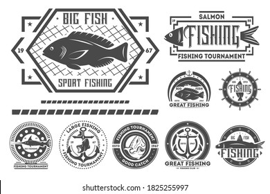 Fishing badge set. Isolated flat emblem with fish catch, hook, anchor icon. Fishing sign badge vintage design collection. Fishing stamp label vector illustration