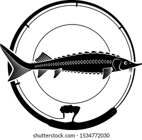 fishing badge with sturgeon fish and fishing rod