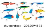 Fishing bait. Abstract contemporary fishery lures and wobblers. Spoons and twisters of artificial colorful fish shapes with hooks. Fisher accessories. Vector fisherman equipment set