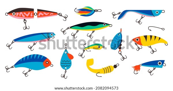 Fishing bait.
Abstract contemporary fishery lures and wobblers. Spoons and
twisters of artificial colorful fish shapes with hooks. Fisher
accessories. Vector fisherman equipment
set