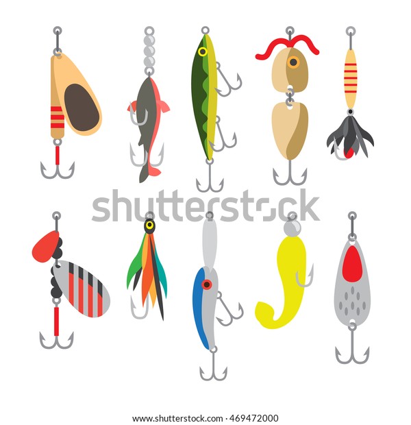 Fishing bait. Fish lure with hook\
flat icons isolated on white background. Vector\
illustration