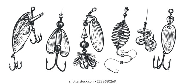 Fishing bait. Fishery lures and wobblers with hooks. Accessories, equipment set vector illustration