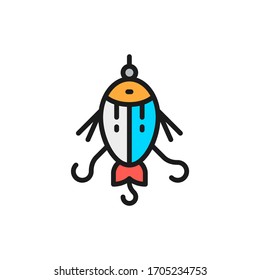 Fishing bait, float, lure, fish with hook flat color line icon.