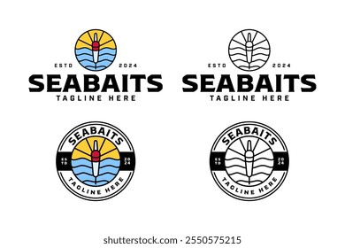 fishing bait floating in the sea with sun logo design set. fishing tackle with sea wave, sunburst element design. bait with marine, sun line art illustration logo for fishing sport, fishery, fisherman