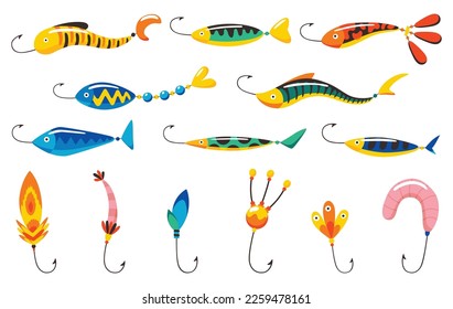 Fishing bait icon set. Fish lure with hook isolated on white background. Abstract contemporary fishery lures and wobblers. Fisher accessories. Vector fisherman equipment