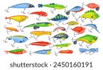 Fishing bait set. Artificial fish lure in different colors, angling accessory collection, fishermans equipment with hook needles to catch trout on fishing pole without worm cartoon vector illustration