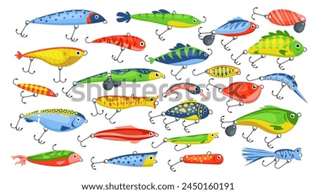 Fishing bait set. Artificial fish lure in different colors, angling accessory collection, fishermans equipment with hook needles to catch trout on fishing pole without worm cartoon vector illustration