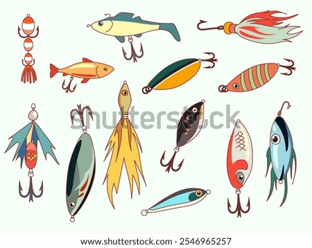 Fishing baits and lures. Different color spoons, hooks needles and spinners in various colors, various shapes, isolated fisher accessories and tools, fishermen equipment, vector cartoon set