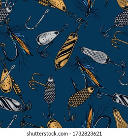 Fishing baits vintage seamless pattern with colorful hooks fly and spoon fishing lures vector illustration