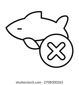 Icono de línea delgada de la prohibición de pesca, concepto de mariscos. Gráficos de Vector. Pescado con el Botón cercano, muestra prohibida del artículo en el fondo blanco, icono del estilo del contorno para el móvil o el Diseño web
