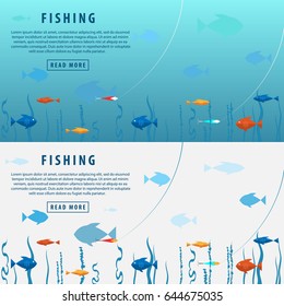 Fishing banner. Fishing concept. View under water. Bait, seaweed and lots of fish.