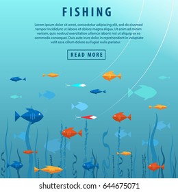 Fishing banner. Fishing concept. View under water. Bait, seaweed and lots of fish.