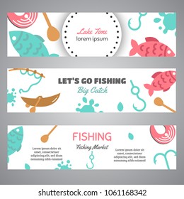 Fishing banner. Lake time text. Banners with quotes about fishing. Flat fish icons, with net or rod. Salmon steak and boat, fisher tackles, baits