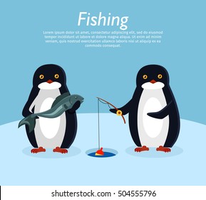 Fishing Banner. Penguin Animals On Fish. Penguin Holds Fishing Rod Over Hole In Ice. Penguin With Fresh Fish. Winter Landscape On Background. Funny Polar Winter Bird Poster Greeting Card. Vector