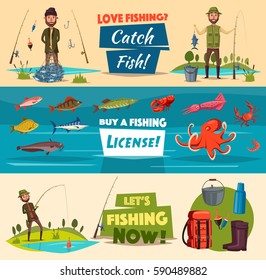 Fishing banner set with fishermen and fish. Fisherman with catch, spinning rod, hook and net, sea and river fish, octopus, crab, squid, shrimp and lobster, fishing gear and tourist equipment.