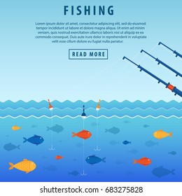 Fishing banner. Three abandoned fishing rods with a float. The concept of fishing, fish under water. Vector illustration of a flat