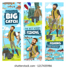 Fishing banners for big catch poster with fisher man. Vector cartoon design of fisherman with fish in net with tackles and lures, boat paddles and hooks for salmon or carp