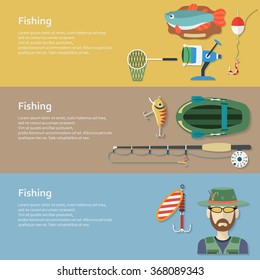 Fishing banners. Flat style. Vector illustration.