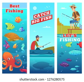 Fishing banners. Underwater sea river ocean fish octopus turtle seahorse water food vector cartoon characters
