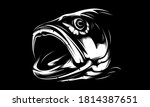 Fishing bass logo. Bass fish with rod club emblem. Fishing theme illustration. Fish Isolated on white.