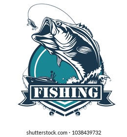 Fishing bass logo. Bass fish with rod club emblem. Fishing theme illustration. Fish Isolated on white.
