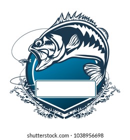 Fishing bass logo. Bass fish with rod club emblem. Fishing theme illustration. Fish Isolated on white.