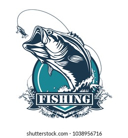 Fishing bass logo. Bass fish with rod club emblem. Fishing theme illustration. Fish Isolated on white.