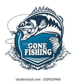 Fishing bass logo. Bass fish with rod club emblem. Fishing theme illustration. Fish Isolated on white.