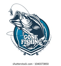 Fishing bass logo. Bass fish with rod club emblem. Fishing theme illustration. Fish Isolated on white.