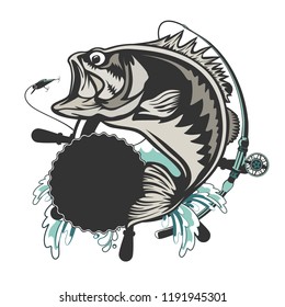 Fishing bass logo. Bass fish with rod club emblem. Fishing theme illustration. Fish Isolated on white.