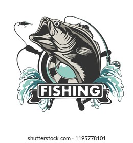 Fishing bass logo. Bass fish with rod club emblem. Fishing theme illustration. Fish Isolated on white.