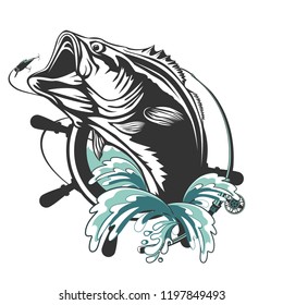 Fishing bass logo. Bass fish with rod club emblem. Fishing theme illustration. Fish Isolated on white.