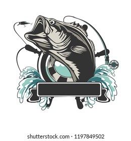 Fishing bass logo. Bass fish with rod club emblem. Fishing theme illustration. Fish Isolated on white.