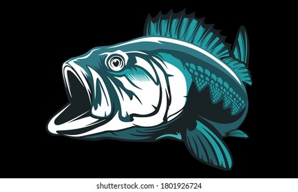 Fishing bass logo. Bass fish with rod club emblem. Fishing theme illustration. Fish Isolated on white.