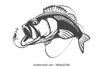 Fishing bass logo. Bass fish with rod club emblem. Fishing theme illustration. Fish Isolated on white.