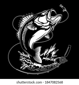 Fishing bass logo. Bass fish with rod club emblem. Fishing theme illustration. Fish Isolated on white.