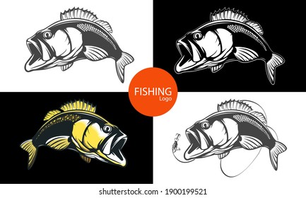 Fishing bass logo. Bass fish with rod club emblem. Fishing theme illustration. Fish Isolated on white.
