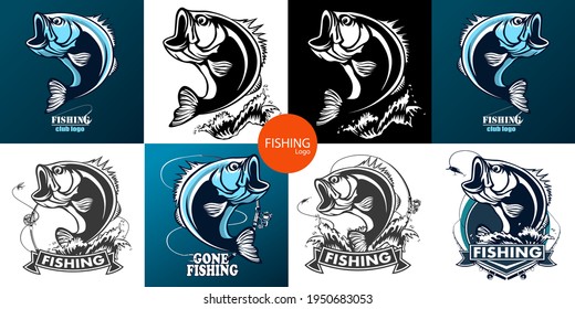 Fishing bass logo. Bass fish with rod club emblem. Fishing theme illustration. Fish Isolated on white.
