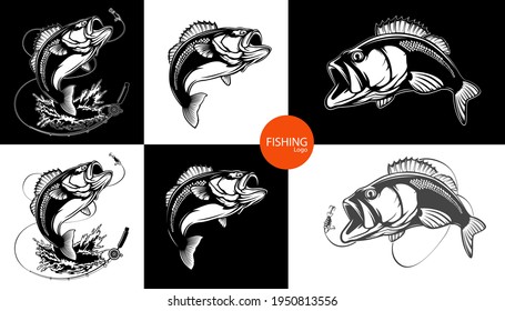 Fishing bass logo. Bass fish with rod club emblem. Fishing theme illustration. Fish Isolated on white.