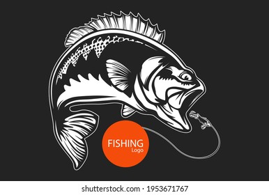 Fishing bass logo. Bass fish with rod club emblem. Fishing theme illustration. Fish Isolated on white.